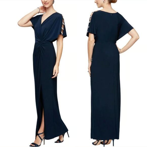 New! Alex Evenings Long Knot Dress with Embellished Short Sleeve,‎ size 14 - Picture 1 of 16